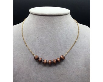 Emmons Signed Sliding Beads Necklace Petite Brown Wood Beads Gold Tone Chain
