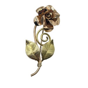 Vintage Signed DIANA Krementz Rose Flower Pin Brooch with Stem Gold Rolled Pin image 1