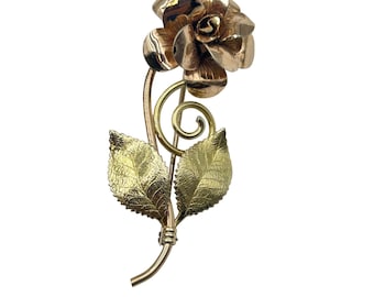 Vintage Signed DIANA Krementz Rose Flower Pin Brooch with Stem Gold Rolled Pin
