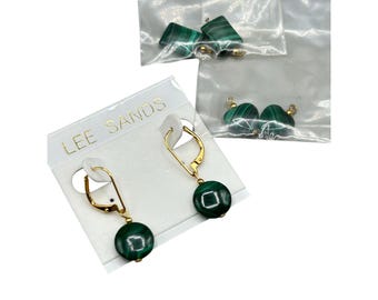 LEE SANDS Malachite Dangles Earrings With Interchangeable Jackets Drops Shaped Stones