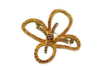 Vintage Dimensional Pin Brooch Topaz Color Rhinestones Gold Tone Floral Jewelry