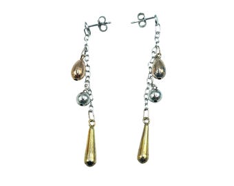 Tri-Color Gold Dangle Earrings Sterling Silver Chain & Teardrop Accents Long