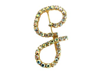 initial letter G monogram G name G rhinestones pin brooch aurora borealis glass stones and gold tone