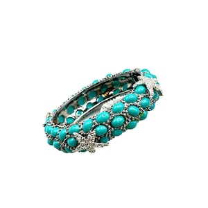 Sea Life Hinged Clamper Bangle Turquoise Cabochon Rhinestones Star Fish Unsigned