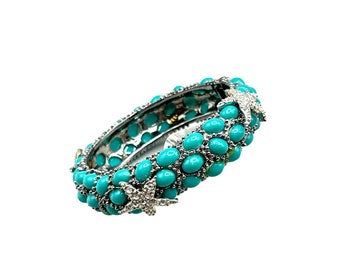 Sea Life Hinged Clamper Bangle Turquoise Cabochon Rhinestones Star Fish Unsigned
