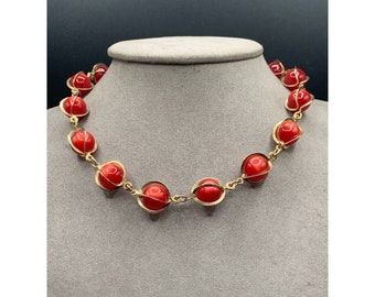 Retro Moonglow Lucite Necklace Mid Century Vintage Red and Gold Plastic Necklace Caged Beads