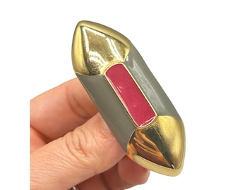 Monet Vintage 80s Gold Tone Gray & Pink Enamel Brooch Pin Long Statement Pin