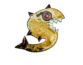 Vintage Enamel Over Metal Fish Pin Brooch Golden Handcrafted Fun Pin