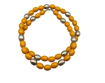 Vintage Butterscotch & Silver Tone Beaded Necklace Long Boho Chic Jewelry