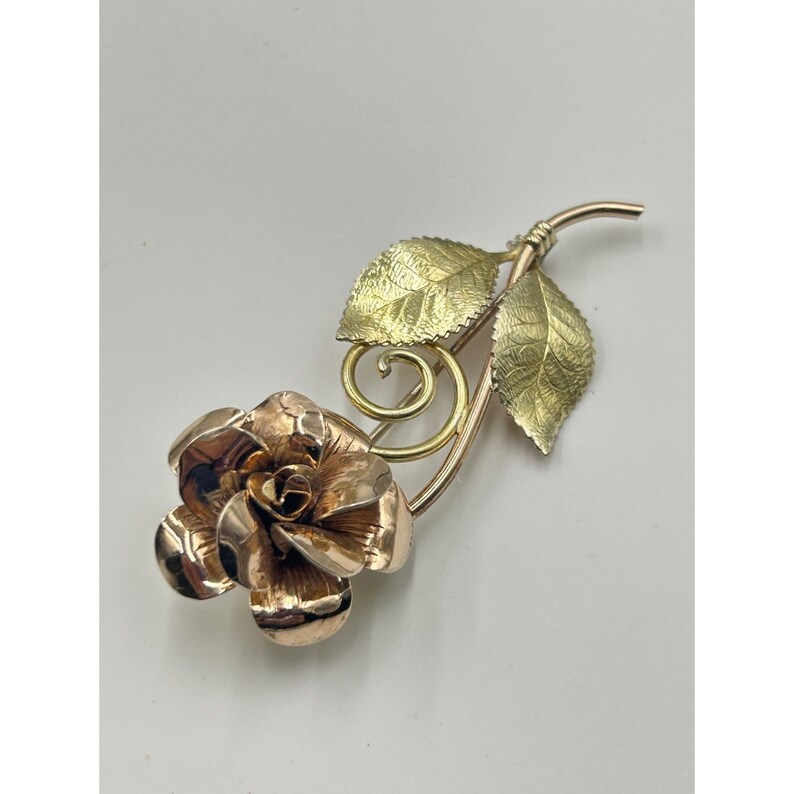 Vintage Signed DIANA Krementz Rose Flower Pin Brooch with Stem Gold Rolled Pin image 4