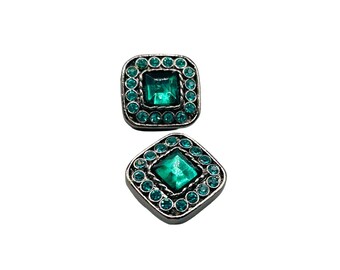 Vintage Clip On Earrings Gun Metal Color & Emerald Green Rhinestones Square