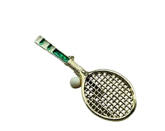 Vintage Tennis Racket w Ball Gold Tone & Enamel Signed Gerry's Figural Sport Pin