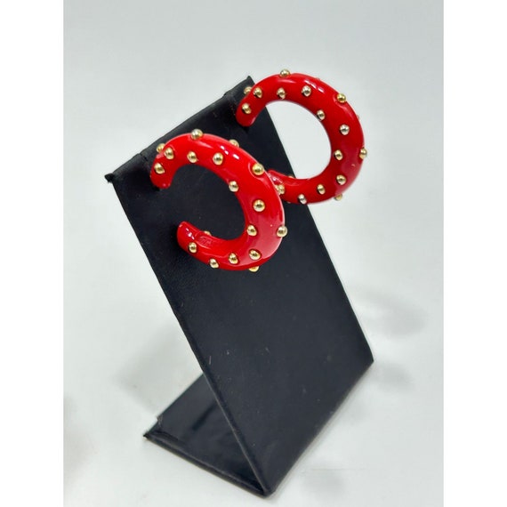 Signed KJL Red Hoops Earrings Studded Gold Dots P… - image 5