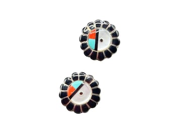 Vintage ZUNI Clip On Earrings Sterling Silver Small Chief Sunface Clips Artist Signed