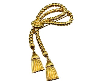 Knotted Rope With Tassels Pin Brooch Matte Gold Tone Elegant Large Pin