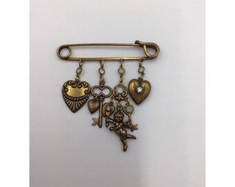 Vintage Safety Pin with Dangles Brooch Puffy Hearts Skeleton Key & Cupid Angel
