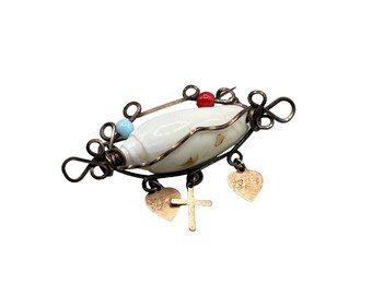 Antique 1923 Wire Wrapped Shell Pin Brooch Love Faith Charm Dangles Handcrafted