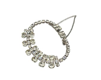 Vintage Rhinestone Bracelet With Safety Chain Prong Set Clear Stones