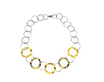 Vintage Intersecting Rings 925 Sterling Silver & Gold Wash Circle Link Necklace