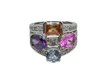 Colorful Cocktail Ring Size 7.5 Silver Tone & Glass Stones Pink Purple Tones