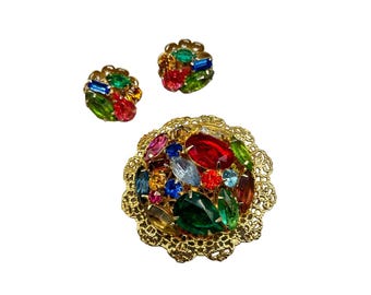 Vintage Filigree Brooch & Earrings Set Unsigned W. Germany Glowing Rhinestones