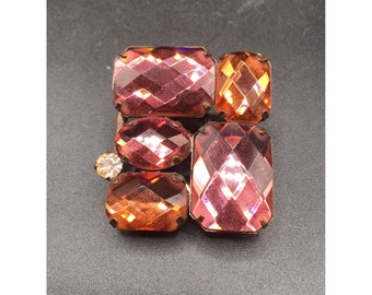 90s Acrylic Pin Brooch Geometric Colorful Faceted Stones on Copper Tone Setting
