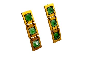 Vintage UV Reactive Glass Earrings Geometric Pierced Dangles Glowing Green Glass