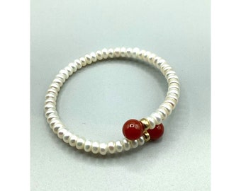 Genuine Pearls Bracelet with Carnelian Beads Tips Dainty Memory Wire One Size