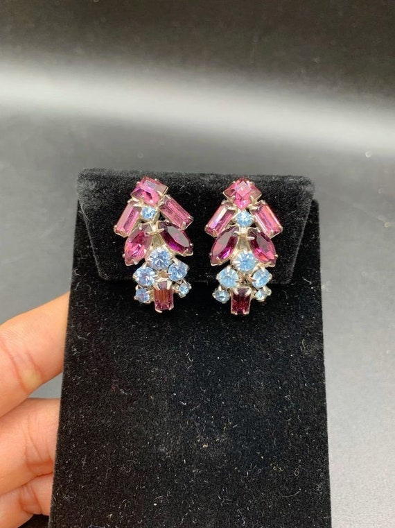 purple and blue clip on rhinestones earrings fancy