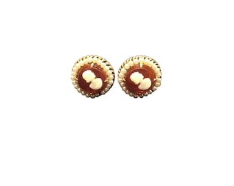 Faux Cameo Earrings Celluloid Screw Back Small Round Vintage Pearls Earrings