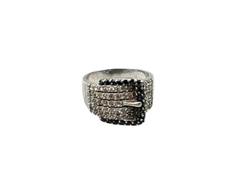 Belt Buckle Ring Size 8 Sterling Silver 925 Black & White CZ Vintage Ring