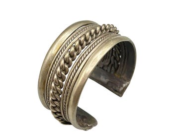 Chunky Wide Ethnic Cuff Bracelet Antiqued Silver Tone Metal Tribal Boho Statement Jewelry