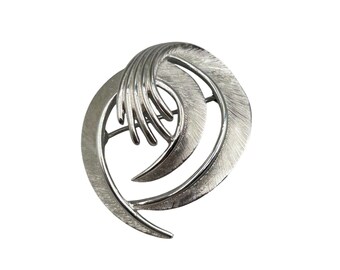 Signed TRIFARI Textured Silver Tone Pin Brooch Abstract Design Collectible Jewelry