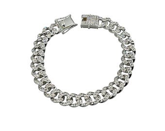 Jeweled Cuban Link Chain Bracelet 9.5" Long Wide Silver Tone Statement Bracelet
