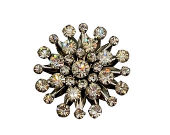 Vintage Starburst Brooch Prong-Set Clear Rhinestones Dimensional Silver-Tone Setting