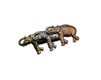 Vintage Elephants Pin Brooch Tri-Color Metal Copper Brass Silver Color Figural