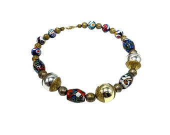 Vintage Italian Millefiori Beads Necklace Mixed Metal Beads Colorful Necklace
