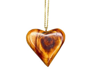 Heart Shaped Wooden Pendant Necklace Gold Tone Thin Chain Heart Pendant