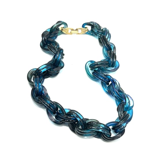 Vintage Celluloid Necklace Blue Chunky Chain Gold… - image 1