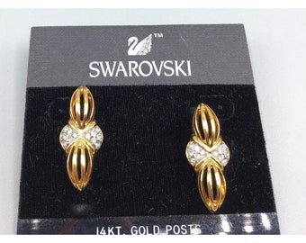 Vintage Swarovski Stud Earrings New Old Stock On Original Card Gold Tone Fashion