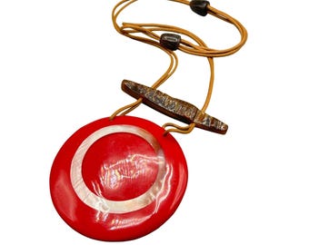 Oversized Red Statement Necklace Big Round Pendant with Mother of Pearl & Horn