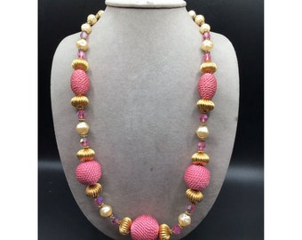 Vintage Pink Bead Necklace Textile Beads Faux Pearls & Aurora Borealis Crystals