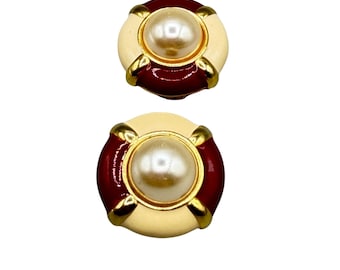 Vintage Clip On Earrings Red Beige Enamel And Faux Pearl Cabochon Unsigned Anne Klein