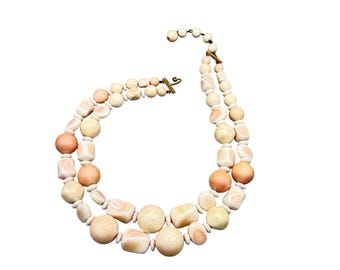 Vintage MARVELLA Necklace Beaded Double Strand Pale Pink Faux Coral Plastic Beads