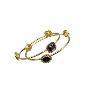 Vintage Gold Tone Rhinestone Bangles with Multicolor Gemstone Accents Set of 2