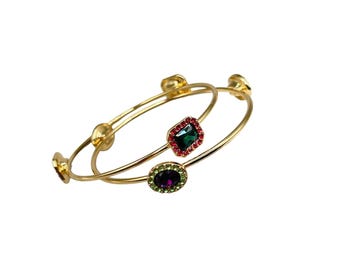 Vintage Gold Tone Rhinestone Bangles with Multicolor Gemstone Accents Set of 2