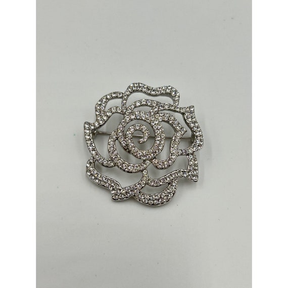 Vintage Rhinestone Pave Rose Flower Pin Brooch Si… - image 2