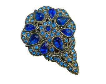 Antique Vintage Dress Clip Blue Rhinestones Drop Floral Design