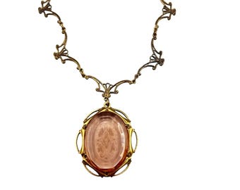 Vintage 1098s SADIE GREEN Necklace Art Deco Nouveau Inspired Pink Etched Glass