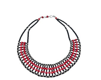 Vintage Tribal Beaded Choker Collar Necklace Egyptian Revival Red & Black Beads